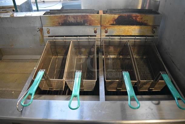 Pitco Frialator Model SG18 Stainless Steel Commercial Natural Gas Powered 2 Bay Deep Fat Fryer w/ Left Side Model SGBN Dumping Station and 4 Metal Fry Baskets on Commercial Casters. 140,000 BTU. 59x34.5x45.5 - Image 3 of 10
