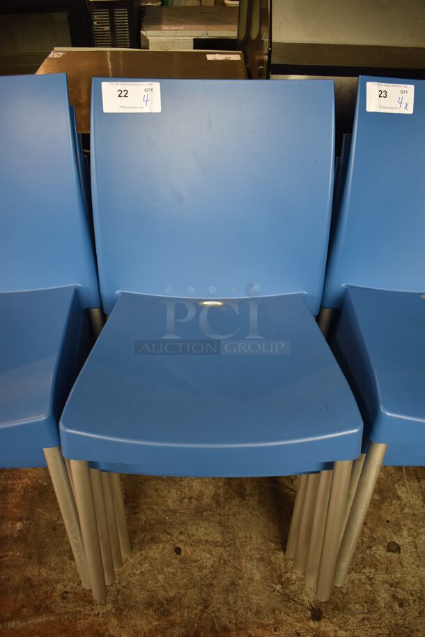 4 Blue Poly Dining Chairs on Gray Legs. 18x18x34. 4 Times Your Bid! - Image 1 of 4