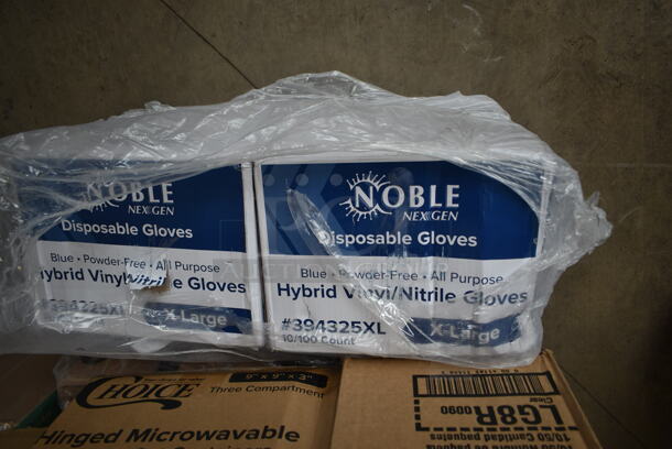 PALLET LOT of 29 BRAND NEW Boxes Including 4 Boxes 394325XL Noble NexGen Powder-Free Disposable Blue Hybrid 3 Mil Thick Gloves - Extra Large - 1000/Case, 2 Box 500MF883W1C Choice 8" x 8" 1-Compartment Microwaveable White Mineral-Filled Plastic Hinged Take-Out Container - 150/Case, LG8R Solo Cup, 500TO993C3 Choice 9" x 9" x 3" Microwaveable 3-Compartment Black / Clear Plastic Hinged Container - 100/Case, 4 Box 129MCR32B Choice 32 oz. Black Round Microwavable Heavy Weight Container with Lid 7 1/4" - 150/Case, 395TO991 EcoChoice 9" x 9" x 3" Compostable Sugarcane / Bagasse 1 Compartment Take-Out Box - 200/Case, 2 Box 5013858 Lavex Li'l Herc 55-60 Gallon 1.2 Mil 38" x 58" Low Density Medium-Duty Black Trash Bag / Can Liner - 100/Case, 245CPB10 Choice 10" x 10" x 2" Kraft Corrugated Pizza Box - 50/Case, 12" Corrugated White Circles, 50020CAFE Choice 20 oz. Café Print Poly Paper Hot Cup - 600/Case. 29 Times Your Bid!  - Image 2 of 12
