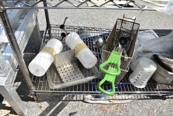 Chrome Finish 2 Tier Wire Shelving Unit w/ Contents Including Stainless Steel Drop In Bin Lids. BUYER MUST DISMANTLE. PCI CANNOT DISMANTLE FOR SHIPPING. PLEASE CONSIDER FREIGHT CHARGES. - Image 5 of 7