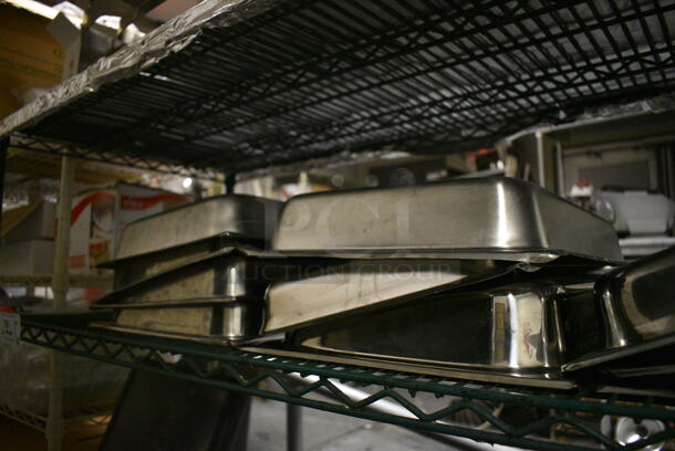 Green Finish 4 Tier Wire Shelving Unit w/ Contents Including Chafing Dish Frames, Drop In Bins and Chafing Lids. Does NOT Include POS System. BUYER MUST REMOVE. BUYER MUST DISMANTLE. PCI CANNOT DISMANTLE FOR SHIPPING. PLEASE CONSIDER FREIGHT CHARGES. 72x24x72. (kitchen) - Image 6 of 8