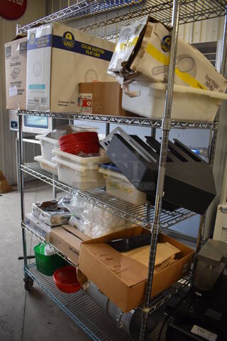 ALL ONE MONEY! Lot of 4 Tiers of Various Items Including Paper Products, Poly Food Baskets and 2 Stock Pots. Does Not Include Shelving Unit