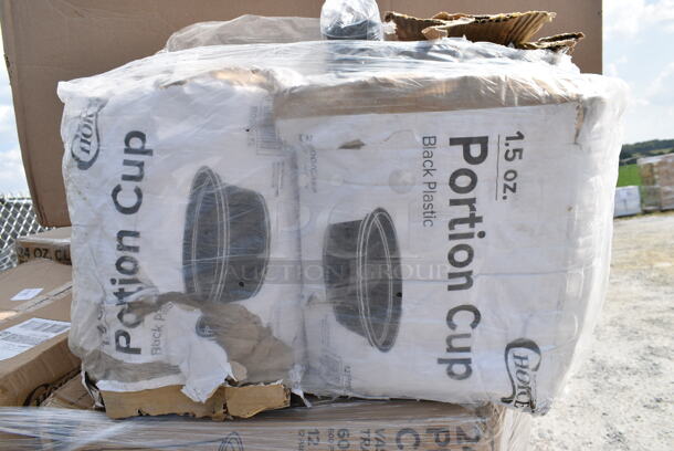 PALLET LOT of 35 BRAND NEW Boxes Including 130BKKNIFEH Choice Black Heavy Weight Plastic Knife - 1000/Case, 130BKSSPOONH Choice Black Heavy Weight Plastic Soup Spoon - 1000/Case, 500CC20 Choice Clear PET Customizable Plastic Cold Cup - 20 oz. - 600/Case, 128HD12COMBO ChoiceHD 12 oz. Microwavable Translucent Plastic Deli Container and Lid Combo Pack - 240/Case, 2 Box Choice 1.5 oz Portion Cups, 500CC24 Choice Clear PET Customizable Plastic Cold Cup - 24 oz. - 600/Case, 2 box 129MCS28B Choice 28 oz. Black Rectangular Microwavable Heavy Weight Container with Lid 8 3/4" x 6 1/4" x 1 3/4" - 150/Case, 5002TP3X496P Lavex Premium 3 1/2" x 4 1/2" Individually Wrapped 2-Ply Standard 500 Sheet Toilet Paper Roll - 96/Case, 612527L Choice 7" Round Foil-Laminated Board Lid - 500/Case, 500TW16S Choice 16 oz. Translucent Thin Wall Squat Plastic Cold Cup - 1000/Case, 130TRAY16 Visions Black PET Plastic 16" Thermoform Catering / Deli Tray - 25/Case, 500CC9 Choice 9 oz. Clear PET Customizable Plastic Squat Cold Cup - 1000/Case, 2 Box 5001RT800N Lavex 8" Natural Kraft Hardwound Paper Towel, 800 Feet / Roll - 6/Case, 164VYCHAIRBK Lancaster Table & Seating Vineyard Series Smokey Black Outdoor Cross Back Chair. 35 Times Your Bid!  - Image 5 of 12