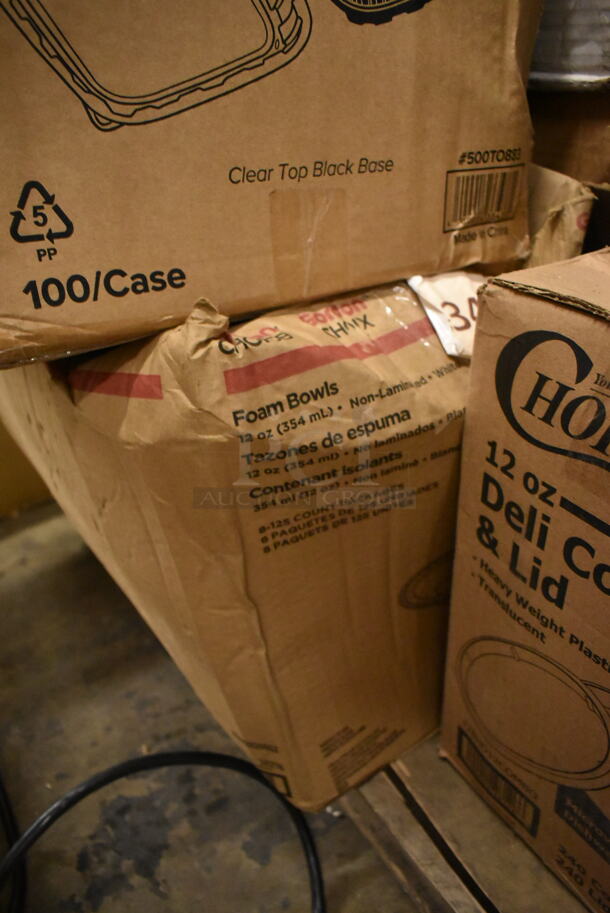 PALLET LOT of 30 BRAND NEW Boxes Including 600TWMS1648 16" x 48" Stainless Steel Tubular Wall Mounted Shelf, 500CC9 Choice 9 oz. Clear PET Customizable Plastic Squat Cold Cup - 1000/Case, 500TO883 Choice 8" x 8" x 3" Microwaveable 1-Compartment Black / Clear Plastic Hinged Container - 100/Case, CHoice 12 oz Deli Container, 12 oz Foam Bowls, 5013339XXH Lavex Pro 33 Gallon 2.5 Mil 33" x 39" Low Density Heavy-Duty Industrial Contractor Black Trash Bag Can Liner - 100/Case, 395RP09 EcoChoice Compostable Sugarcane / Bagasse 9" Plate - 500/Case, 127CH32F Choice 32 oz. Clear RPET Tall Hinged Deli Container with Domed Lid - 200/Case, Choice 8 Quart Full Size Folding Chafer. 30 Times Your Bid! - Image 5 of 12