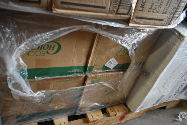 PALLET LOT of 32 BRAND NEW Boxes Including 760SOUP16WPA Choice 16 oz. White Double Poly-Coated Paper Food Cup with Vented Paper Lid - 250/Case, 612FS1212 Choice Half Size Foil Steam Table Pan Shallow 1 1/2" Depth - 100/Case, 3 Box LKC16/24FX Fabri-Kal LKC16/24FX Kal-Clear / Nexclear 12 / 14, 16 / 18, 20, and 24 oz. Clear Plastic Flat Lid with Straw Slot - 1000/Case, 4 Box 395TO961 EcoChoice 9" x 6" x 3" Compostable Sugarcane / Bagasse 1 Compartment Take-Out Container - 200/Case, 2 Box Noble Medium Gloves, 2 Box Lavex C Fold Towels, Bakers Mark 10" Cake Circles, Various Choice Portion Cups, 4 Box 130TONG9HDBK Visions 9" Individually Wrapped Extra Heavy-Duty Black Disposable Polypropylene Tongs - 24/Case. 32 Times Your Bid!  - Image 5 of 12