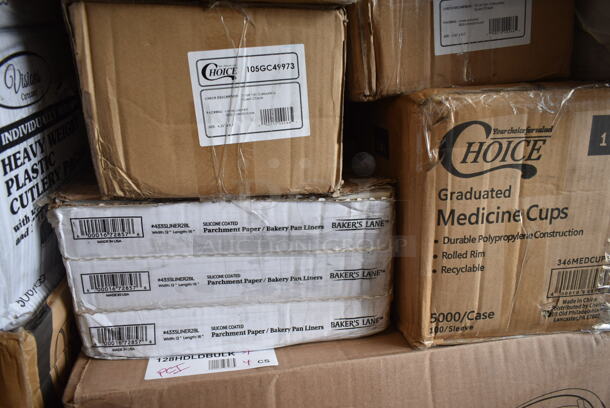PALLET LOT of 31 BRAND NEW Boxes Including 612D3COMP Choice 8 1/2"x 6 3/8" 3-Compartment Oblong Foil Take-Out Container with Board Lid - 250/Case, 2 Box 130CLKFSNH Visions Individually Wrapped Clear Heavy Weight Cutlery Pack with Napkin - 500/Case, 4 Box 128HDLDBULK ChoiceHD Microwavable Translucent Plastic Deli Container Lid - 480/Case, 346MEDCUP1Z Choice 1 oz. Disposable Polypropylene Graduated Medicine Cup - 5000/Case, 423HLS85SS ServIt HLS85SS 8' Cut-to-Length Ceiling Mount Heat Lamp with Modern Stainless Steel Round Dome Shade, Choice Medicine Cups, 105GC49973 Choice 3 Part Tan and White Carbonless Guest Check with Beverage Lines and Bottom Guest Receipt - 2000/Case, 2 Box 500CC20 Choice Clear PET Customizable Plastic Cold Cup - 20 oz. - 600/Case, Henny Penny 12090 Prime 11" x 19" Filter Pad - 30/Case, 3 Box 433SLINER2BL Baker's Lane 12" x 16" Half Size Silicone Coated Parchment Paper Bun / Sheet Pan Liner Sheet - 1000/Case. 31 Times Your Bid! - Image 10 of 12