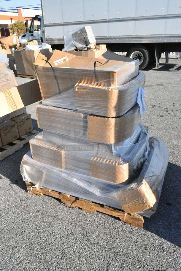 10 BRAND NEW Boxes Including 349D3048VXBK Lancaster Table &amp; Seating 30" x 48" Rectangular Standard Height Wood Butcher Block Table with 4 Black Cross Back Chairs - Vintage, 349D2430VINX Lancaster Table &amp; Seating 24" x 30" Rectangular Standard Height Wood Butcher Block Table with Vintage Finish and Cast Iron Cross Base Plate, 3492430BBVIN Lancaster Table & Seating Rectangular Wood Butcher Block Table Top with Vintage Finish, 164TCOLROD25 Lancaster Table & Seating 25 3/16" Standard Height Table Base Column and Rod. 10 Times Your Bid!  - Image 1 of 8