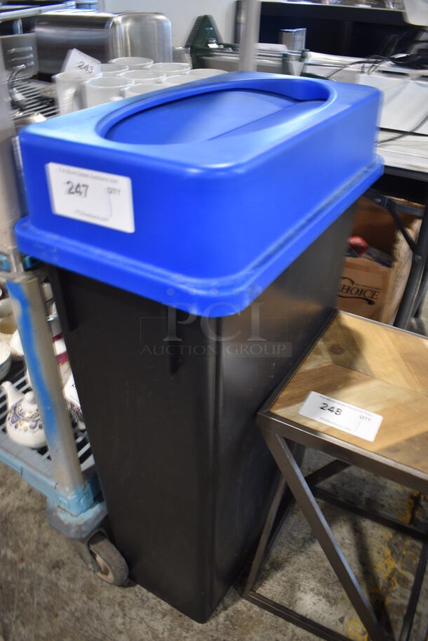 Black Poly Slim Jim Trash Can w/ Blue Lid. 11x20x34 - Image 2 of 2