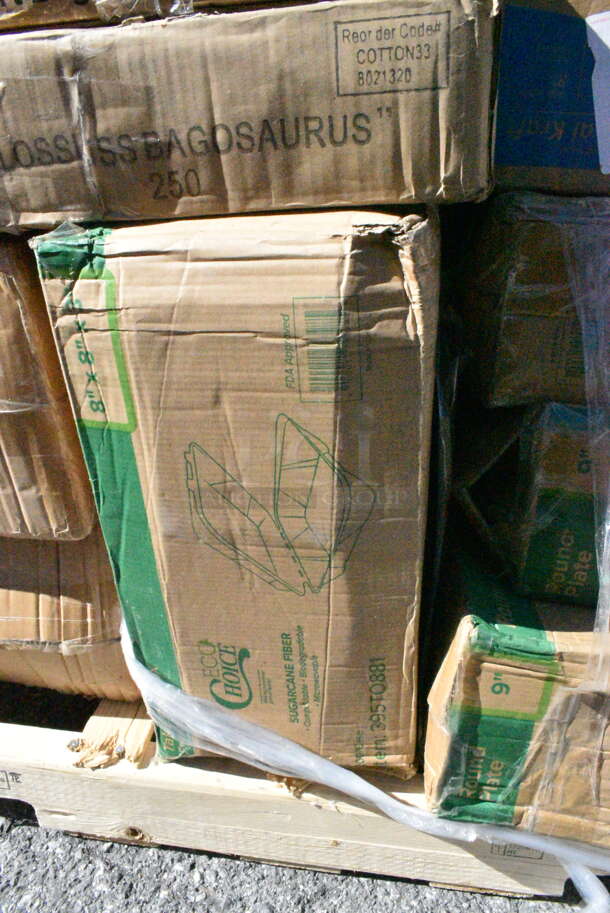 20 BRAND NEW Boxes Including 130SCB048DL Visions Clear PET Plastic Dome Lid for 24, 32, and 48 oz. Square Bowls - 300/Case, Herc 5014347M15 Lavex Li'l Herc 56 Gallon 1.5 Mil 43" x 47" Low Density Medium-Duty Black Can Liner / Trash Bag - 100/Case, 5001RT350N Lavex Natural Kraft Hardwound Paper Towel, 350 Feet / Roll - 12/Case, 3 Box 395RP09 EcoChoice Compostable Sugarcane / Bagasse 9" Plate - 500/Case, 433NHT101 Choice 1/6 Standard Size White "Thank You" Medium-Duty Plastic T-Shirt Bag - 1000/Case, 3 Box 760SOUP16WB Choice 16 oz. White Double Poly-Coated Paper Food Cup - 500/Case, Dart 16MJ20 16 oz. Medium Squat White Customizable Foam Food Container, 500TW5 Choice 5 oz. Translucent Thin Wall Plastic Cold Cup - 2500/Case. 20 Times Your Bid!  - Image 9 of 12