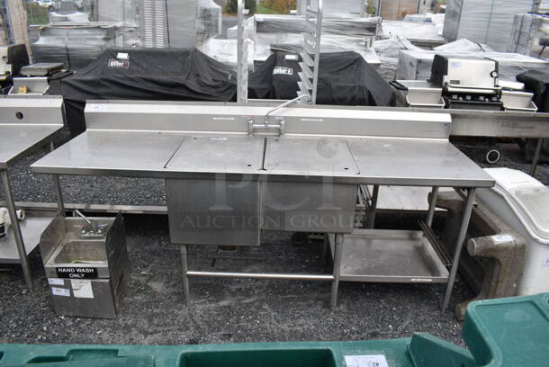 Stainless Steel Commercial 2 Bay Sink w/ Faucet and Handles. 96x30x42. Bays 20x24x18, 20x24x14