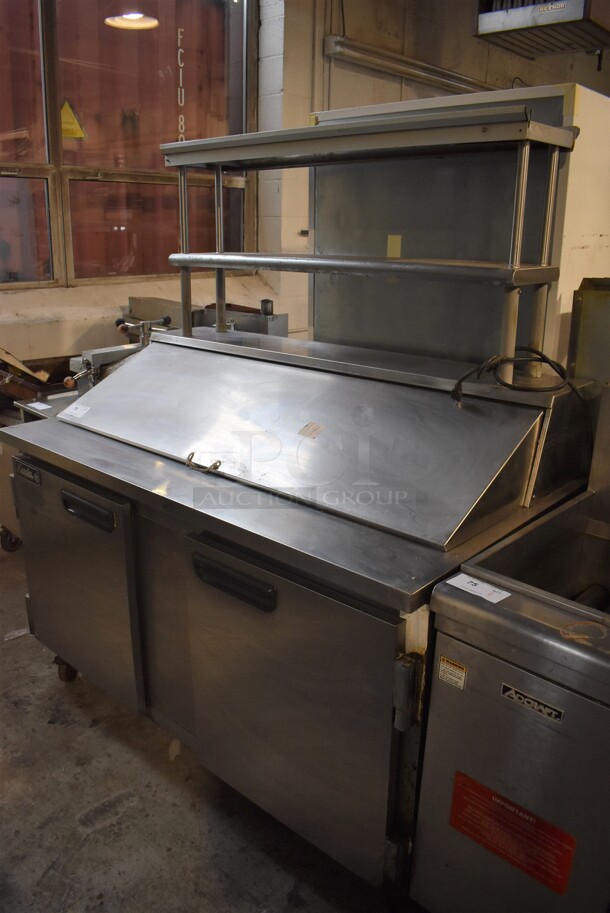 2016 Leader ESLM60S/C Stainless Steel Commercial Sandwich Salad Prep Table Bain Marie Mega Top w/ 2 Tier Over Shelf on Commercial Casters. 115 Volts, 1 Phase. 60x32x69. Tested and Working!