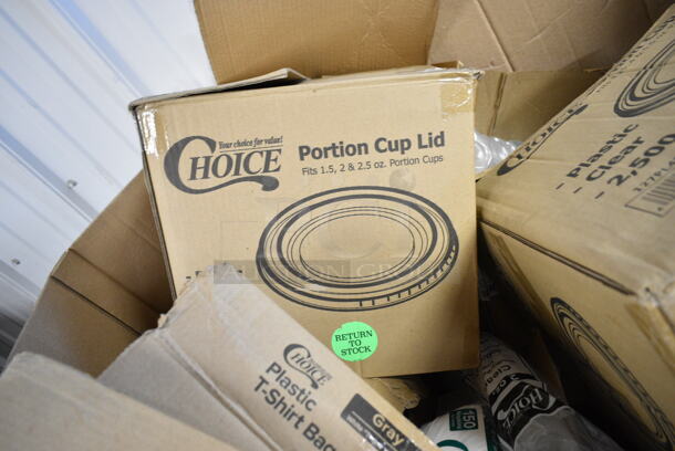 PALLET LOT of 13 BRAND NEW Boxes Including 433NHT006 Choice Extra Large Size Grey "Thank You" Medium-Duty Plastic T-Shirt Bag - 450/Case, 127PL400 Choice Portion Cup Lids, 127DM16COMBO 6 oz. Ultra Clear Recycled PET Plastic Round Deli Container Lid Combo, Choice Clear 9" Plastic Plates. 13 Times Your Bid! - Image 3 of 10