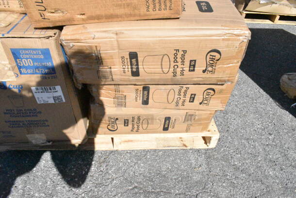 20 BRAND NEW Boxes Including 130SCB048DL Visions Clear PET Plastic Dome Lid for 24, 32, and 48 oz. Square Bowls - 300/Case, Herc 5014347M15 Lavex Li'l Herc 56 Gallon 1.5 Mil 43" x 47" Low Density Medium-Duty Black Can Liner / Trash Bag - 100/Case, 5001RT350N Lavex Natural Kraft Hardwound Paper Towel, 350 Feet / Roll - 12/Case, 3 Box 395RP09 EcoChoice Compostable Sugarcane / Bagasse 9" Plate - 500/Case, 433NHT101 Choice 1/6 Standard Size White "Thank You" Medium-Duty Plastic T-Shirt Bag - 1000/Case, 3 Box 760SOUP16WB Choice 16 oz. White Double Poly-Coated Paper Food Cup - 500/Case, Dart 16MJ20 16 oz. Medium Squat White Customizable Foam Food Container, 500TW5 Choice 5 oz. Translucent Thin Wall Plastic Cold Cup - 2500/Case. 20 Times Your Bid!  - Image 11 of 12