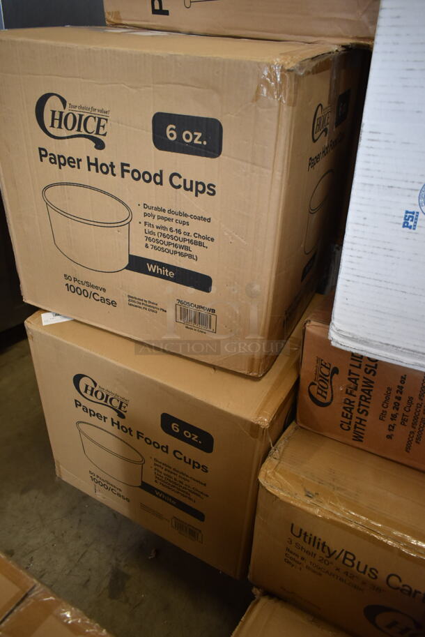 PALLET LOT of 25 BRAND NEW Boxes Including 2 Box 760SOUP6WB Choice 6 oz. White Double Poly-Coated Paper Food Cup - 1000/Case, 50010W Choice 10 oz. White Poly Paper Hot Cup - 1000/Case, 760SOUP32WB Choice 32 oz. White Double Poly-Coated Paper Food Cup - 500/Case, Choice Utility Roll Bags, 3 Box 5002TPJSELCM Lavex Select Compact Jumbo Jr. 550' 2-Ply Toilet Tissue Roll with 7" Diameter - 12/Case, 500LFLAT Choice 9, 12, 16, 20, and 24 oz. Clear Flat Lid with Straw Slot - 50/Pack, 109CARTBLGBK Choice Black Utility / Bussing Cart with Three Shelves - 42" x 20", SRKD-3 Speed Rail, 5008W Choice 8 oz. Tall White Poly Paper Hot Cup - 1000/Case, 3 Box 959SL24 Libbey SL-24 Slate 10 1/2" x 4 3/8" Ultra Bright White Wide Rim Rectangular Porcelain Plate - 12/Case, 2 Box Lavex Jumbo Toilet Paper, 3 Box 347TCL5 Choice 5 oz. Clear Disposable Plastic Tumbler - 500/Case, 966TALLFLDB Choice White Tall-Fold 6" x 13" Dispenser Napkin - 8000/Case 25 Times Your Bid! - Image 2 of 12