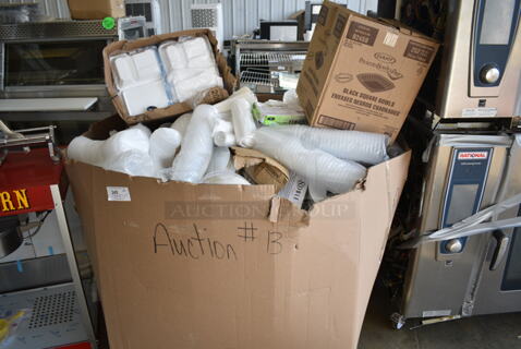 ALL ONE MONEY! PALLET LOT of Various BRAND NEW Boxes Including B24SB 24 oz. Black Square Plastic Bowl, 612509 Choice 9" Round Foil-Laminated Board Lid, 999RP10WHSS Visions Wave 10" White Plastic Plate, Wooden Back Rests for Chairs, 130BSSPOON Choice Medium Weight Black Plastic Soup Spoon - 1000/Case, Dart 205HT2 9" x 6" x 3" White Foam 2 Compartment Take Out Container with Perforated Hinged Lid - 200/Case. 