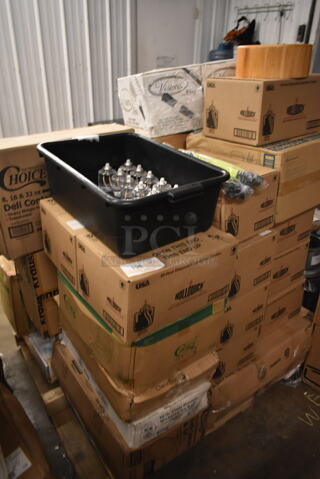 PALLET LOT of 36 BRAND NEW Boxes Including 395TO993 EcoChoice 9" x 9" x 3" Compostable Sugarcane / Bagasse 3 Compartment Takeout Container - 200/Case, 130IC10PCLW1M Choice 10 lb. Clear Wicketed Ice Bag with Ice Print - 1000/Case, 128HD12COMBO ChoiceHD Microwavable Translucent Deli Container, 7 Box Hollowick HD50-36 50 Hour "Smokeless" Clear Liquid Candle Fuel Cartridge - Not for Home Consumer Use - 48/Case, enMotion 59460A Dispenser, Acopa 553GD1535WS Wood Base for Acopa 3 and 5 Gallon Glass Beverage Dispensers,Jumbo Paper Straws, 2 Box 130PKROLLKFS Visions 17" x 17" Black Pre-Rolled Linen-Feel Napkin and Clear Heavy Weight Plastic Cutlery Set - 100/Case, Kraus KCU-273 Ceramic Sink. 36 Times Your Bid!