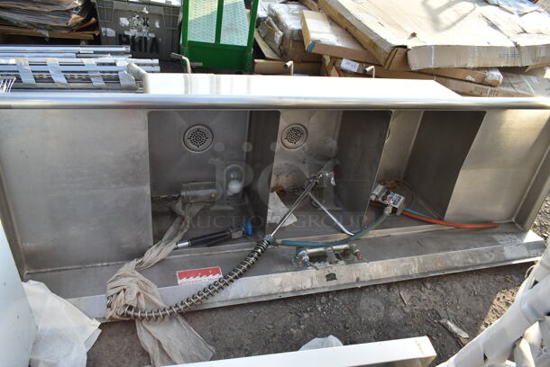 Duke Stainless Steel Commercial 3 Bay Sink w/ Dual Drain Boards. Missing 3 Legs. Bays 16x21x14. Drain Boards 16x22 - Image 1 of 8
