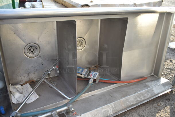 Duke Stainless Steel Commercial 3 Bay Sink w/ Dual Drain Boards. Missing 3 Legs. Bays 16x21x14. Drain Boards 16x22 - Image 4 of 8