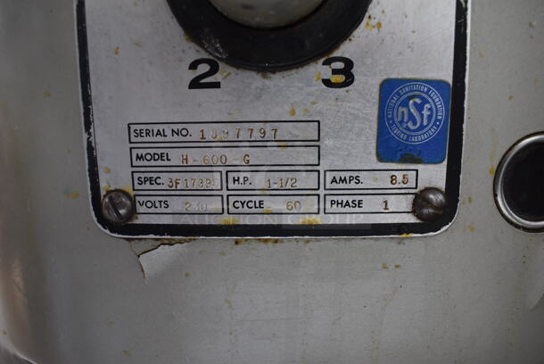 Hobart H-600-G Metal Commercial Floor Style 60 Quart Planetary Dough Mixer w/ Metal Mixing Bowl and Dough Hook. 230 Volts, 1 Phase. 28x42x56 - Image 7 of 7