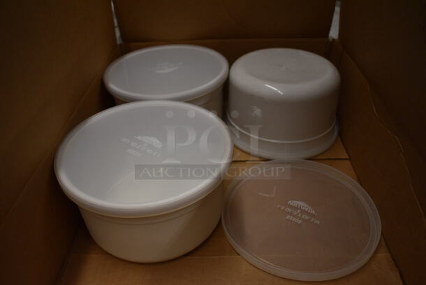 ALL ONE MONEY! Lot of 3 BRAND NEW IN BOX! Vollrath White Poly Bins w/ 4 Lids. 7x7x4