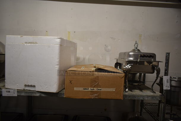 Chrome Finish 3 Tier Wire Shelving Unit w/ Contents Including Chafing Dishes and Mop Bucket. BUYER MUST REMOVE: BUYER MUST DISMANTLE. PCI CANNOT DISMANTLE FOR SHIPPING. PLEASE CONSIDER FREIGHT CHARGES. (hallway) - Image 4 of 4