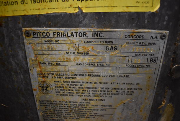 Pitco Frialator 18SS Stainless Steel Commercial Floor Style Natural Gas Powered 65 Pound Capacity Deep Fat Fryer. 150,000 BTU. 20x36x49 - Image 7 of 7