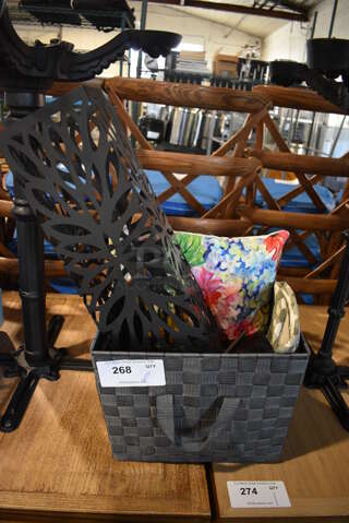ALL ONE MONEY! Lot of Various Items In Gray Basket Including Pillow!