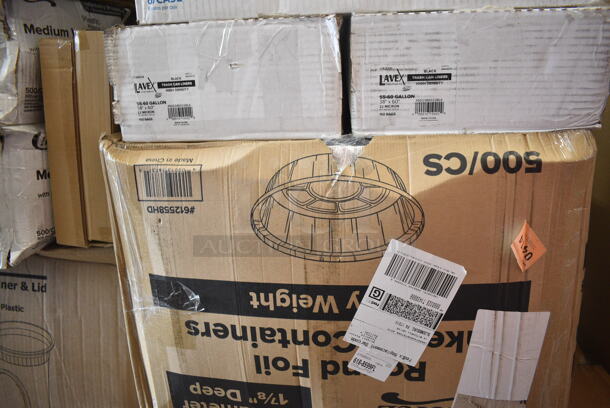 PALLET LOT of 45 BRAND NEW Boxes Including 5002386022BLK Lavex 55-60 Gallon 22 Micron 38" x 60" High Density Black Janitorial Can Liner / Trash Bag - 150/Case, 394365L Noble Products Powder-Free Disposable Clear Vinyl Gloves for Foodservice - Large - 1000/Case, 2 Box 130BSPOON Choice Medium Weight Black Plastic Teaspoon - 1000/Case, 394325L Noble NexGen Powder-Free Disposable Blue Hybrid 3 Mil Thick Gloves - 1000/Case, 5002CPTE Lavex 2-Ply White Center Pull Paper Towel 510' Roll - 6/Case, 612558HD Choice 8" Round Heavy Weight Foil Take-Out Pan - 500/Case, 3 Box Lavex Hardwound 665' Rolls, 128HD32COMBO ChoiceHD 32 oz. Microwavable Translucent Plastic Deli Container and Lid Combo Pack - 240/Case, 2 Box 346WKFSNSPM Choice White Medium Weight Wrapped Plastic Cutlery Pack with Napkin and Salt / Pepper Packets - 500/Case, 500CC12 Choice Clear PET Customizable Plastic Cold Cup - 12 oz. - 1000/Case, Tellus Round Domed Lids, 407PZS12BULK Choice Bulk 12" Aluminum Pizza Screen - 24/Case, 130LID16 Visions 16" Clear PET Plastic Round Catering Tray High Dome Lid - 25/Case. 45 Times Your Bid!  - Image 10 of 12