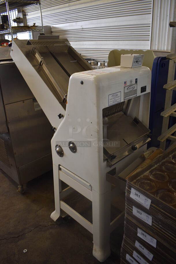Oliver Model 797-32NC Metal Commercial Floor Style Bread Loaf Slicer on Commercial Casters. 115 Volts, 1 Phase. 45x22x59. Tested and Working!
