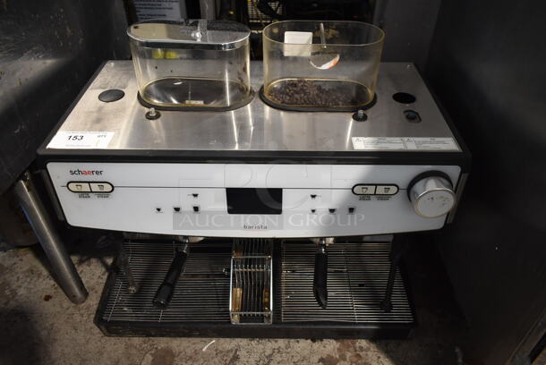 2018 Schaerer Barista Stainless Steel Commercial Countertop 2 Group Espresso Machine w/ 2 Portafilters, 2 Steam Wands and 2 Hoppers. 208/240 Volts, 1 Phase.
 - Image 1 of 6