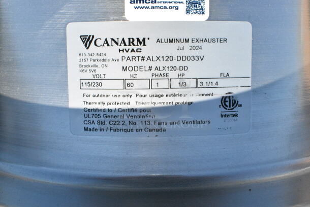 BRAND NEW SCRATCH AND DENT! Canarm ALX120-UD 12 1/4" Variable Speed Upblast Direct Drive Aluminum Exhauster ALX120-UD033V - 1400 CFM, 1650 RPM, 120/240 Volts, 1 Phase - Image 4 of 4