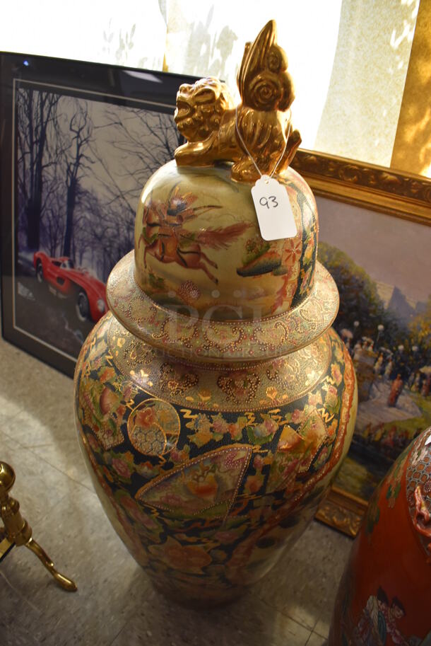 Ornate Asian Style Capped Vase w/ Foo Dog and Samurai Motif. - Image 2 of 7