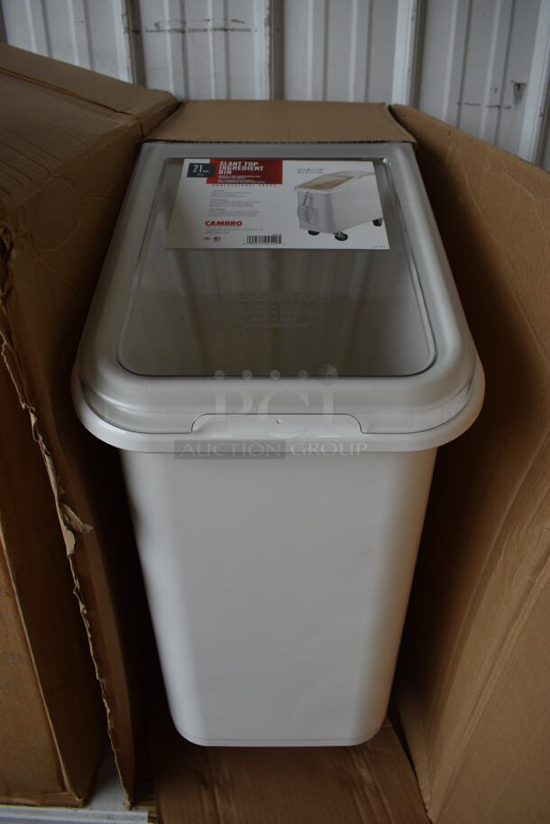 BRAND NEW IN BOX! Cambro White Poly Ingredient Bin w/ Lid on Commercial Casters. 13x28x29