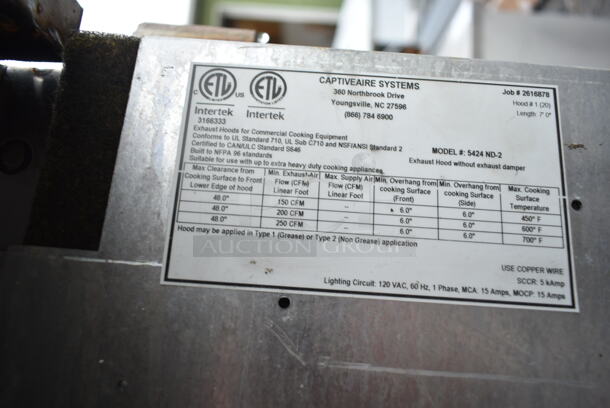 SELF CONTAINED 8' CaptiveAire 5424 ND-2 Stainless Steel Commercial Grease Hood w/ Lights.  - Image 8 of 12