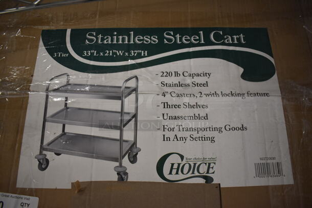 BRAND NEW IN BOX! Choice Stainless Steel 33 3/4" x 21" x 37" Knocked Down 18 Gauge 3 Shelf Utility Cart on Casters.  - Image 3 of 4