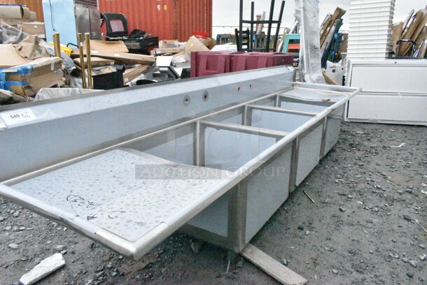 BRAND NEW SCRATCH AND DENT! Regency 600S32424224 Spec Line 124" 14 Gauge Stainless Steel Three Compartment Commercial Sink with 2 Drainboards - 24" x 24" x 14" Bowls. No Legs.  - Image 4 of 10
