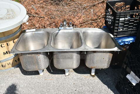 Stainless Steel 3 Bay Drop In Sink w/ Faucet and Handles. Bays 10x14x9