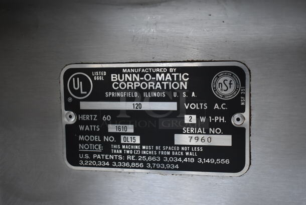Bunn OL15 Stainless Steel Commercial Countertop 2 Burner Coffee Machine. 120 Volts, 1 Phase. - Image 6 of 6