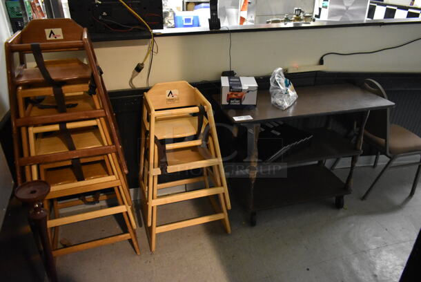 ALL ONE MONEY! ROOM LOT of Various Items Including 6 Wooden High Chairs and Table. BUYER MUST REMOVE. (hallway) - Image 1 of 5