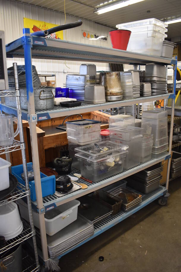 ALL ONE MONEY! Lot of 4 Tiers Worth of Various Items Including Poly Bins, Stainless Steel Drop In Bins and Metal Baking Pans. Does NOT Include Shelving Unit
