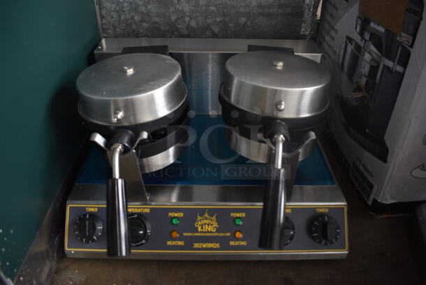 BRAND NEW SCRATCH AND DENT! Carnival King Model 382WBM26 Stainless Steel Commercial Countertop 2 Head Belgian Waffle Maker. 120 Volts, 1 Phase. 20x22x12. Tested and Working!