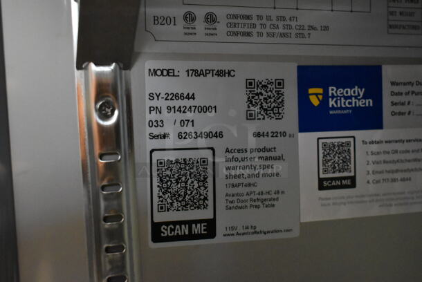 2022 Avantco 178APT48HC Stainless Steel Commercial Sandwich Salad Prep Table Bain Marie Mega Top on Commercial Casters. 115 Volts, 1 Phase. Tested and Working! - Image 9 of 11
