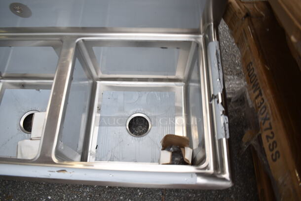 BRAND NEW SCRATCH AND DENT! Regency 600S31717 60" 16 Gauge Stainless Steel Three-Compartment Commercial Sink with Galvanized Steel Legs - 17" x 17" x 12" Bowls. No Legs.  - Image 4 of 7