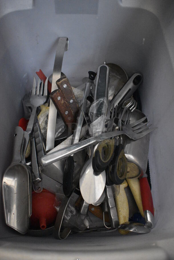 ALL ONE MONEY! Lot of Various Utensils Including Scoopers, Spatulas and Serving Forks in Gray Bin!