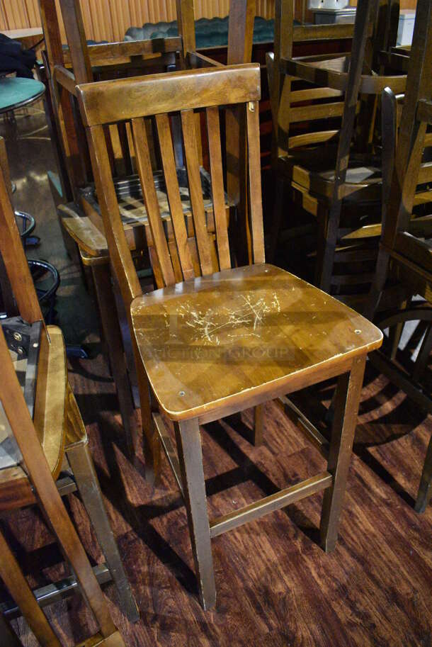 4 Wooden Bar Height Chairs w/ Vertical Back Rest Bars. 17x16x47. 4 Times Your Bid! (lounge) - Image 2 of 4