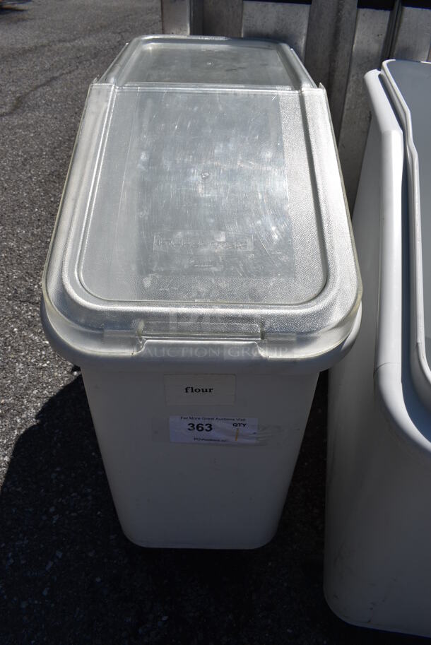 White Poly Ingredient Bin w/ Clear Lid on Commercial Casters. 13x30x28