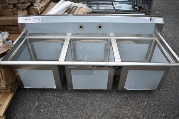 BRAND NEW SCRATCH AND DENT! Regency 600S31818 63" 16 Gauge Stainless Steel Three Compartment Commercial Sink with Stainless Steel Legs and Cross Bracing - 18" x 18" x 14" Bowls. No Legs.  - Image 2 of 7