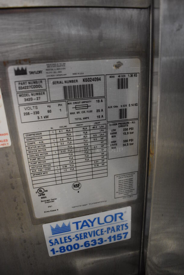 Taylor Model 342D-27 Stainless Steel Commercial Floor Style Air Cooled 2 Flavor Frozen Beverage Machine w/ Drink Mixer Attachment on Commercial Casters. Missing Pieces. 208-230 Volts, 1 Phase. 26x34x60 - Image 7 of 7
