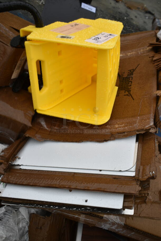 4 BRAND NEW SCRATCH AND DENT! Items Including Rubbermaid 2064915 WaveBrake® Yellow Side Press Mop Wringer, 3 Regency 600SPL2424LR 15" High Stainless Steel Three-Sided Splash for 24" x 24" Mop Sink. 4 Times Your Bid! May Be Missing Pieces.  - Image 1 of 6