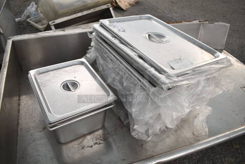 10 Various Stainless Steel Drop In Bins; 8 Full Size w/ 4 Lids and 2 1/2 Size w/ 2 Lids. 10 Times Your Bid!